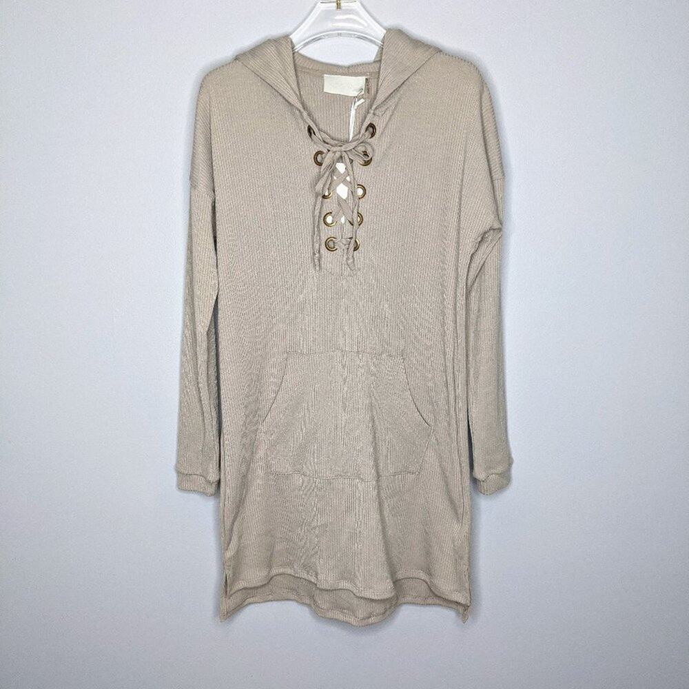Storia Beige Ribbed Long Sleeve Hoodie Dress S NWT